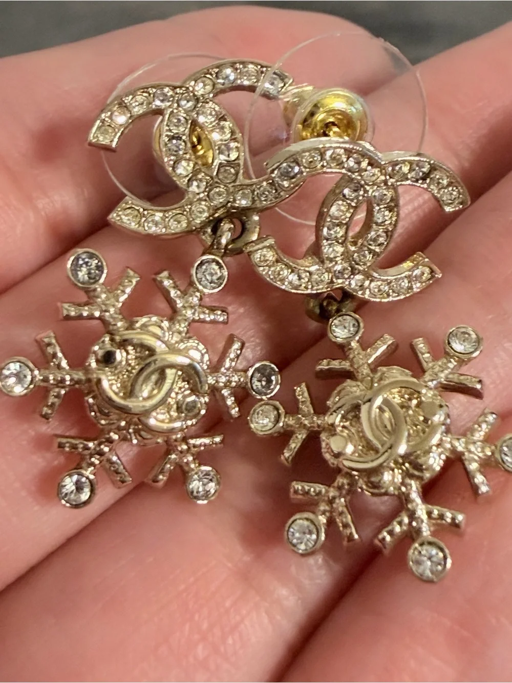 Chanel Gold Crystal CC Snowflake Drop Earrings